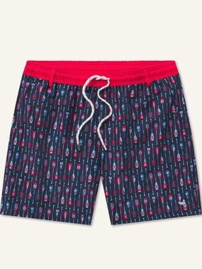 Southern Marsh Navy Paddle-Print Swim Shorts with Red Waistband